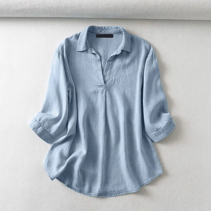 Summer Lapel Neck Blouse Women Denim Shirt Elegant Solid Casual Loose Tops