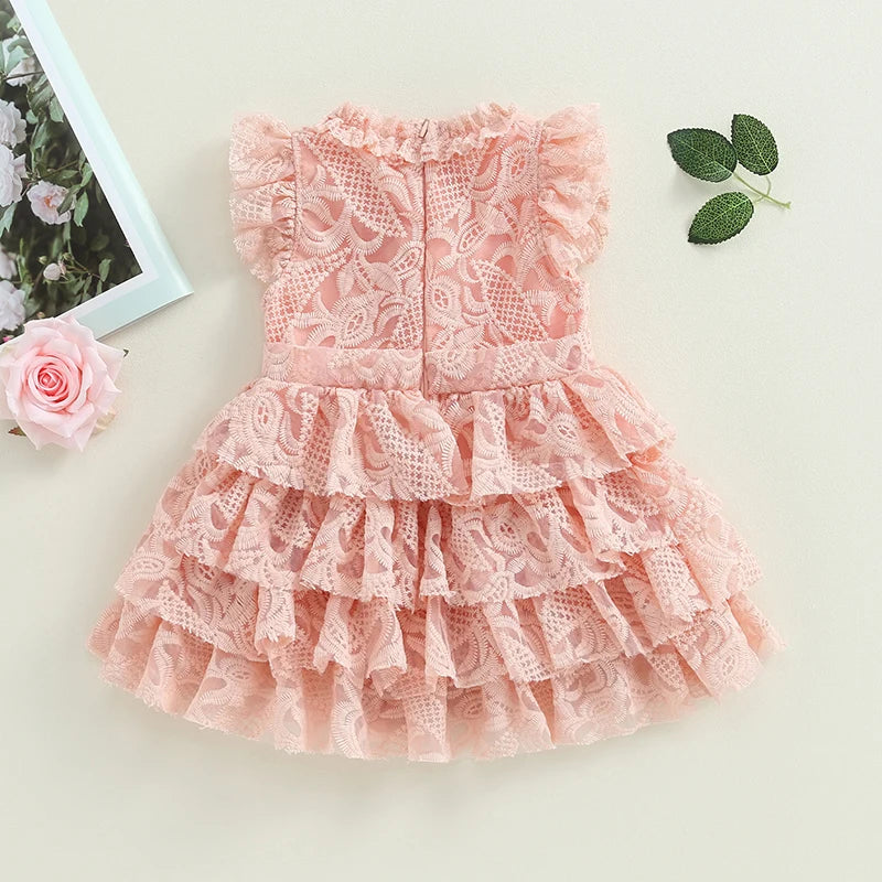 Summer Kids Girl Ruffle Dresses Sleeveless Layered Lace Casual Party Street Princess Pink Dress Clothes