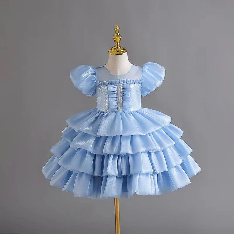 Tulle Girl Princess Dress Summer Party Kids Knee Length Dress Puffy Sleeve Birthday Baby Girl Clothes