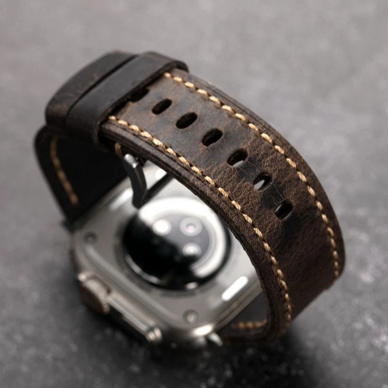 Handmade Leather Strap Grey For Apple Watch Double Thickened Men Bracelet Brushed Leather