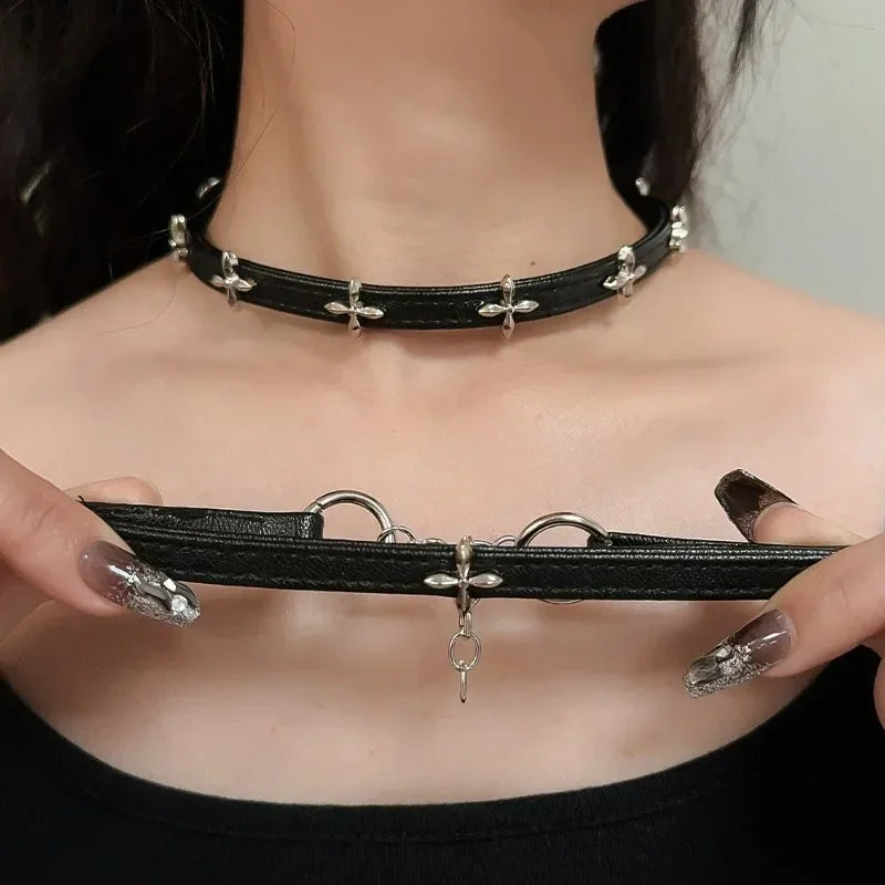 Gothic Black Spike Cross Round Choker Necklace for Women Rivet Neck Jewelry