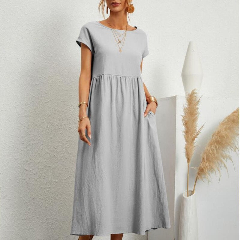 Women Short Sleeve Maxi Dresses Women O Neck Cotton Linen Long Dress Casual Loose Dress with Pocket