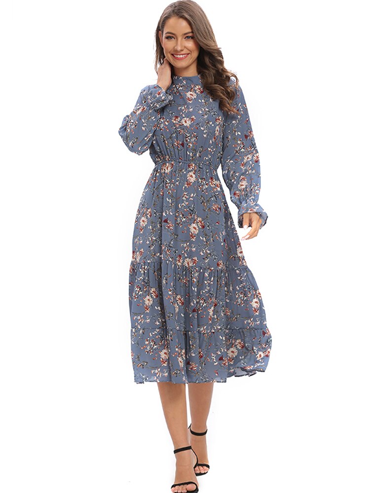 Summer Floral Chiffon Blue Dress Women O-Neck Long Sleeve Lotus Leaf Dress Female Mid Length A-line Chic Ladies Dress