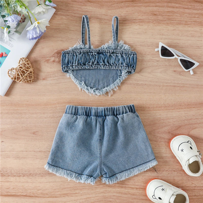 Summer Baby Clothing Set Sleeveless Heart Tank Top and Ripped Denim Shorts 0-24 Months Baby Clothes Newborn Baby Girls Outfits