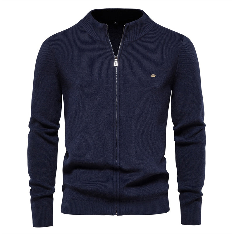 Men Casual Warm Sweater Jacket Solid Stand Collar Zipper Knitted Sweater Men