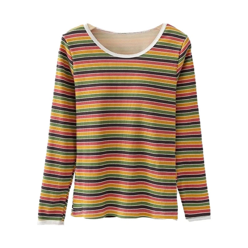 Women's Bra T-Shirts Striped Lace Tops Tees Round Neck Long Sleeve