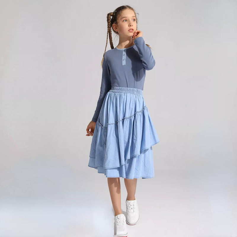 Girls Teen Kids Midi Ruffles Denim Skirt Cotton Summer Jersey Top Patchwork Denim Neck Mommy and Daughter