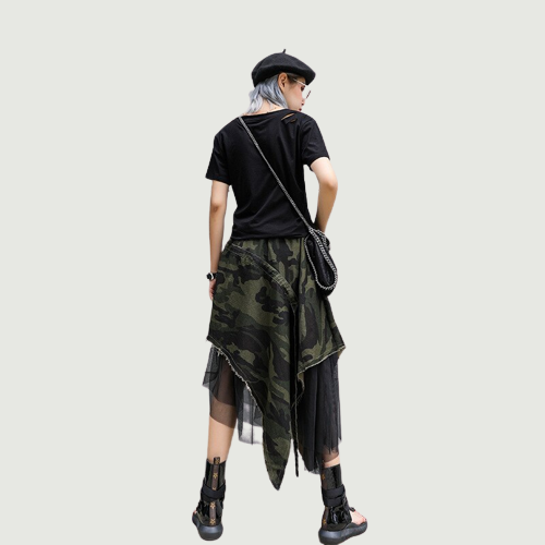 Women Skirt Autumn Retro Mesh Spliced Camouflage Denim Skirts Loose Leisure Long Ladies Skirts New