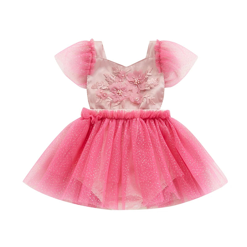 Summer Infant Baby Girls Flower Jumpsuit Casual Short Sleeve Mesh Bodysuit Dress Clothes Suit