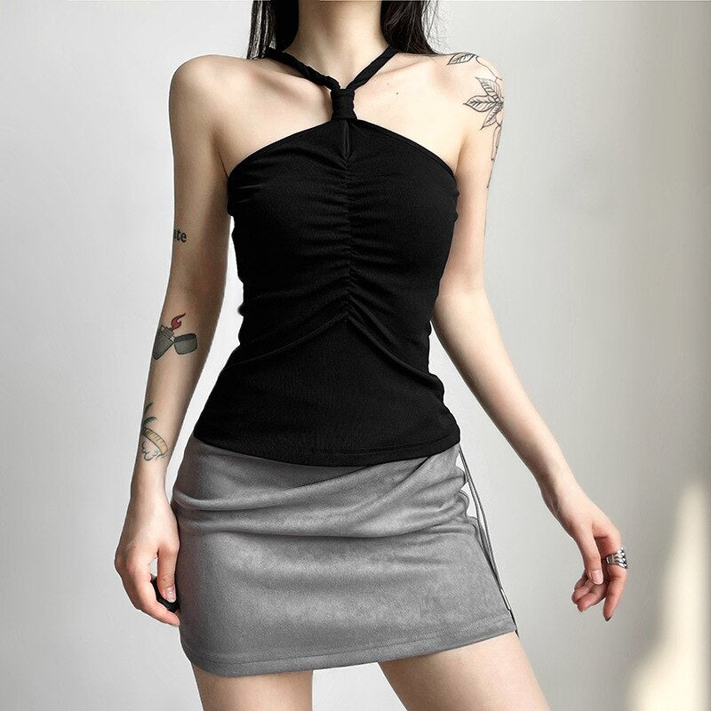 Goth Dark Tie Ruched Mall Gothic Casual Camisoles Grunge Style Bodycon Ribbed Basic Crop Tops Women Sexy Backless Summer Clothes