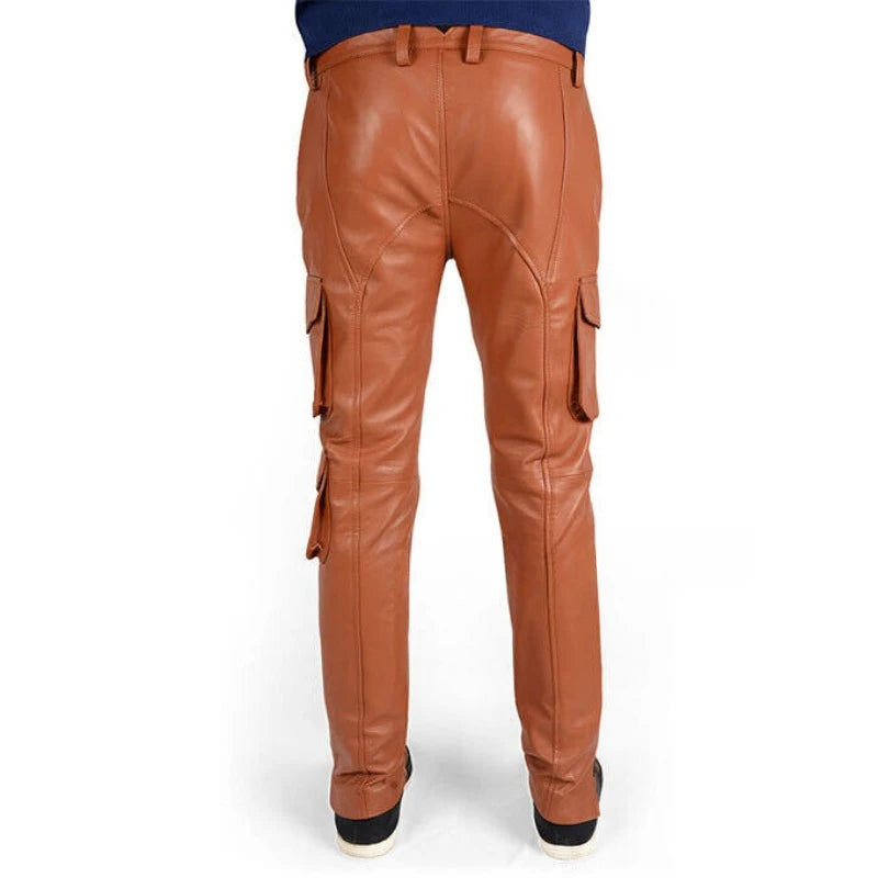 Men Ankle Zip Authentic Leather Pant Lace Up Pockets Trouser