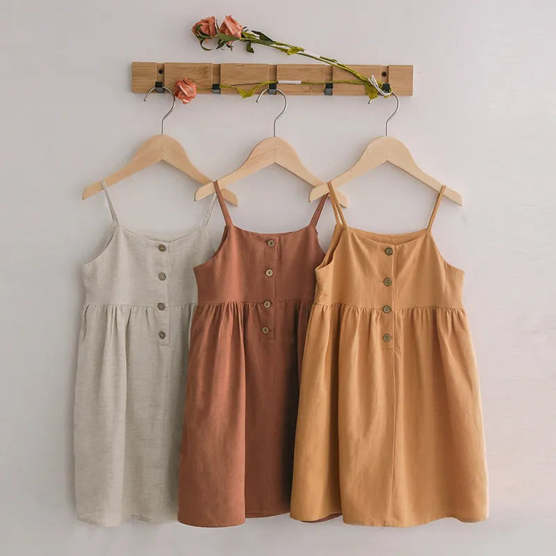 Linen Girl Summer Dress Casual Strapless Button Dress For Kids Girl