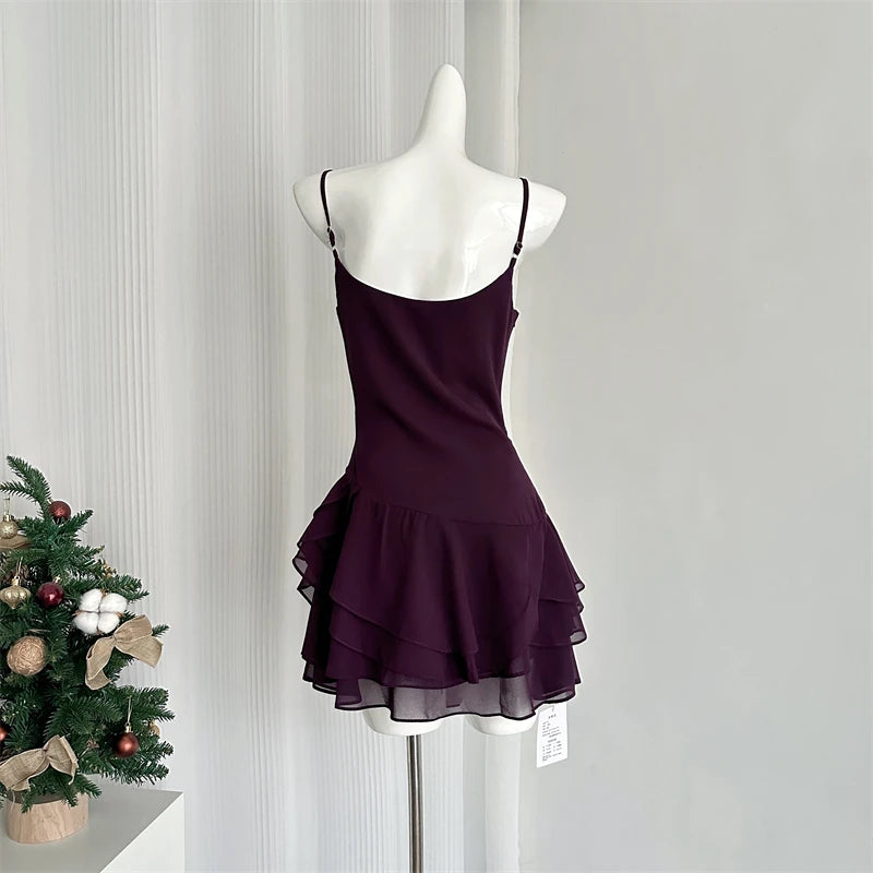 Women's Purple Sleeveless Off Shoulder Mini Dresses Elegant One Piece Frocks