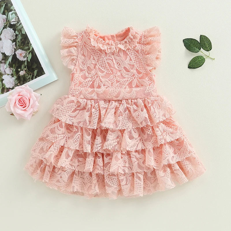 Summer Kids Girl Ruffle Dresses Sleeveless Layered Lace Casual Party Street Princess Pink Dress Clothes