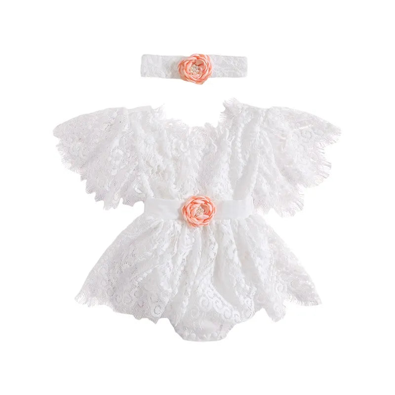 Summer Infant Baby Girl Outfits Short Sleeve Flower Front Lace Bodysuit Dress Clothes