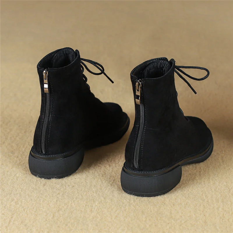 Women Flock Ankle Boots Round Toe Comfortable Low Thick Heels