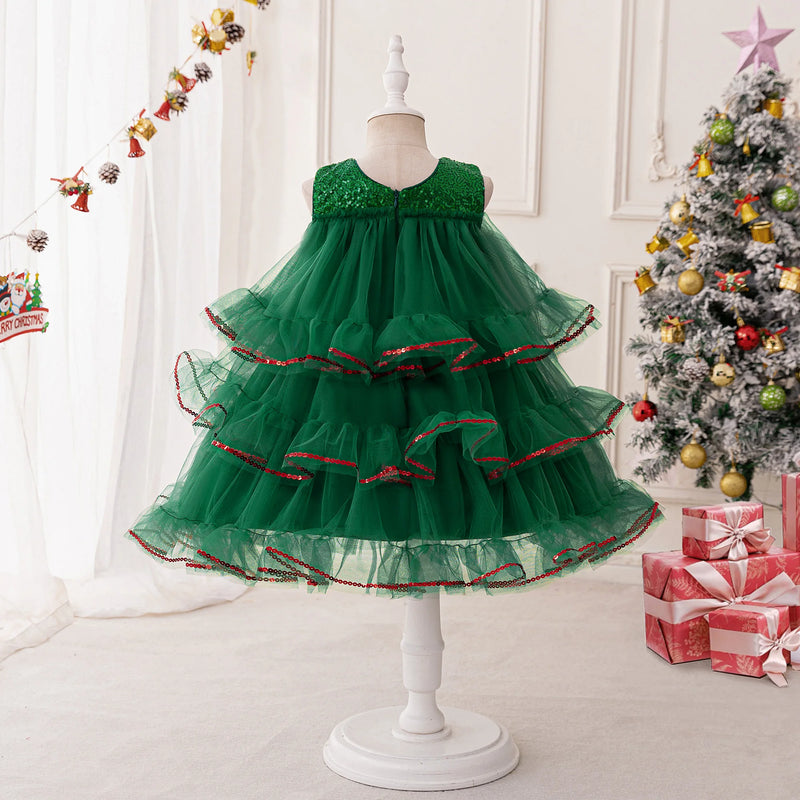 Fluffy Bow Green Christmas Girls Party Dresses Elegant Princess Dress