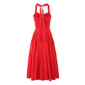 Red Corset Style Bow Halter Dress Spliced Lace Drawstring Rope Chest Pleated Slim Low Waist Folded Swing Midi Robe