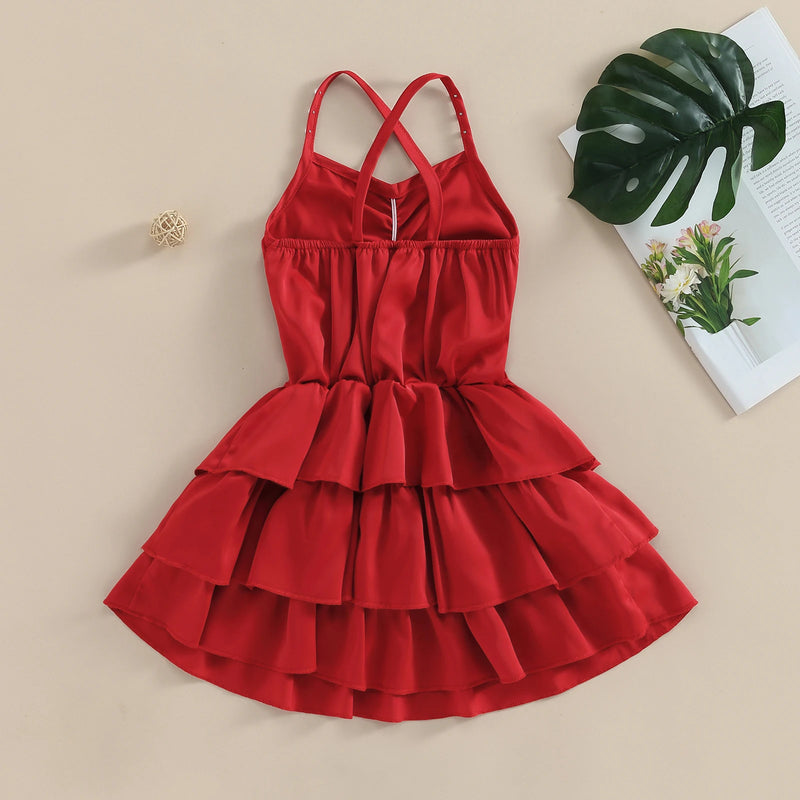 Summer Kids Girls Dress Spaghetti Straps Pleated Dress Party Red Clothes