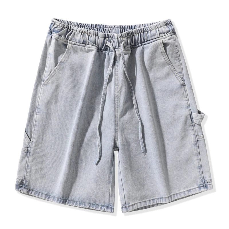 Summer Men Workwear Denim Shorts with Drawstring Waist