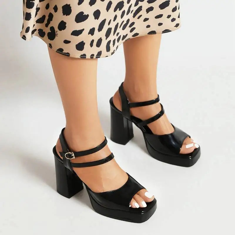 Female Sandals Square Toe Heels 10cm Platform 2cm Double Buckle Straps