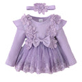 Infant Baby Girls Rompers Dress Flower Embroidery Tulle Rib Knit Bodysuit with Headband Toddler Kid Fall Winter