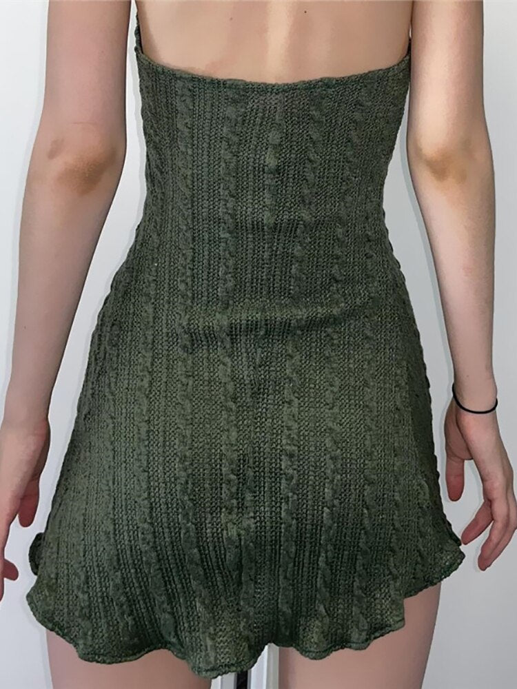 Dark Knitted Fairy Grunge Green Folds Mini Dresses Gothic Retro Backless A-Line Women Dress Sexy Halter Lettuce Hem Outfits