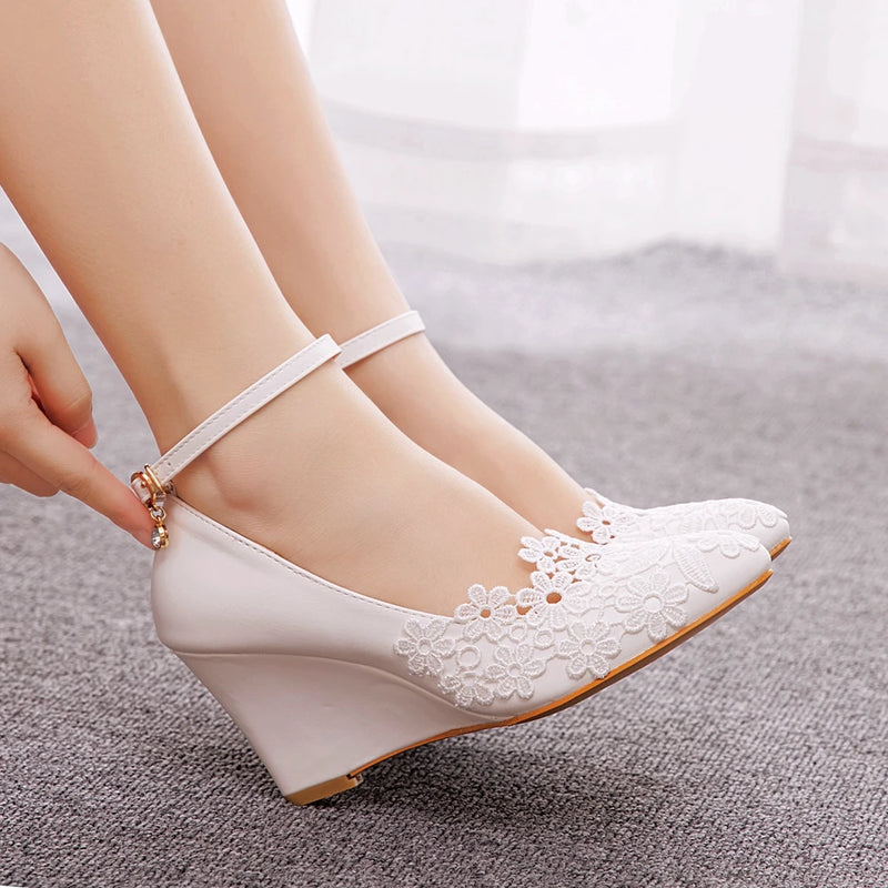 Women Wedding Shoes Bride Bridesmaid Dress 8cm Wedges High Heels White Lace Flower Female Pumps