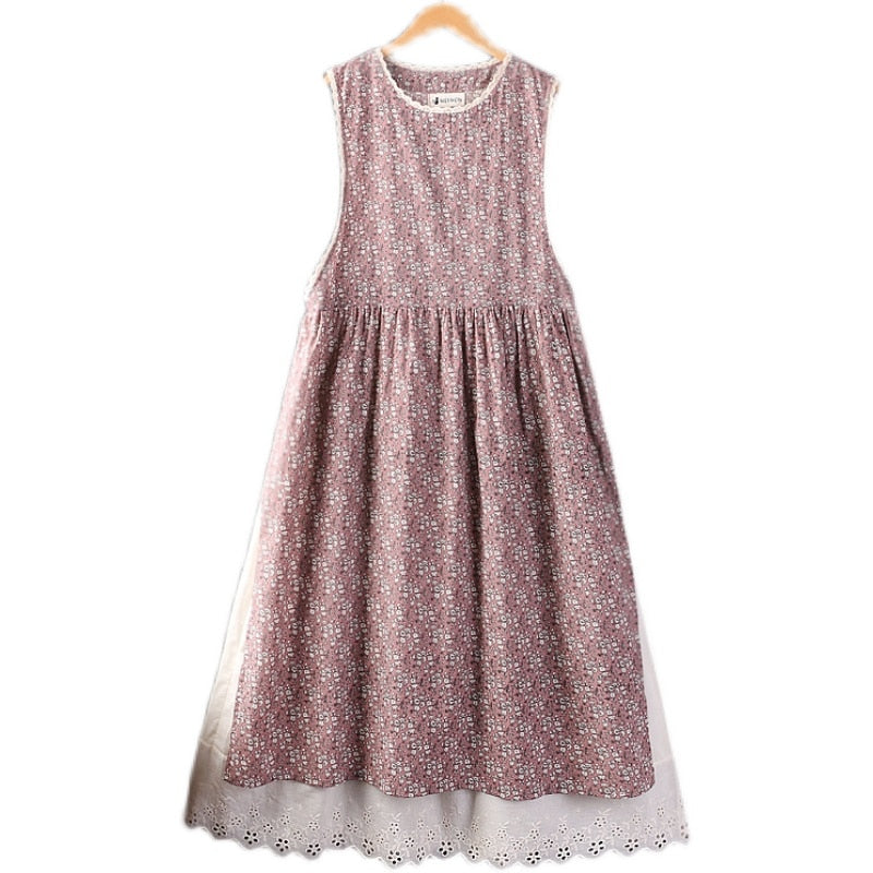 Summer Women Cotton And Linen Loose Floral Dress Vest Dress