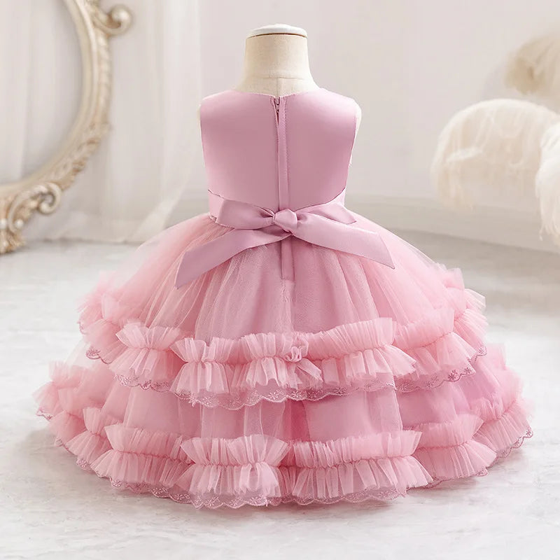 Toddler Baby Girl Gown Flower Lace Layers Dress for Girls Fluffy First Birthday Party Wedding Graduation Kids Clothes 0-3Y