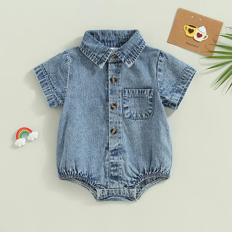 Infant Denim Romper Short Sleeve Turn-Down Collar Baby Jumpsuits Summer Buttons Casual Bodysuits for Infant Boys Girls