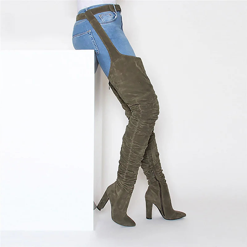 Boots Women Winter Belt Thigh High Boots Army Green Heels Leg Boots