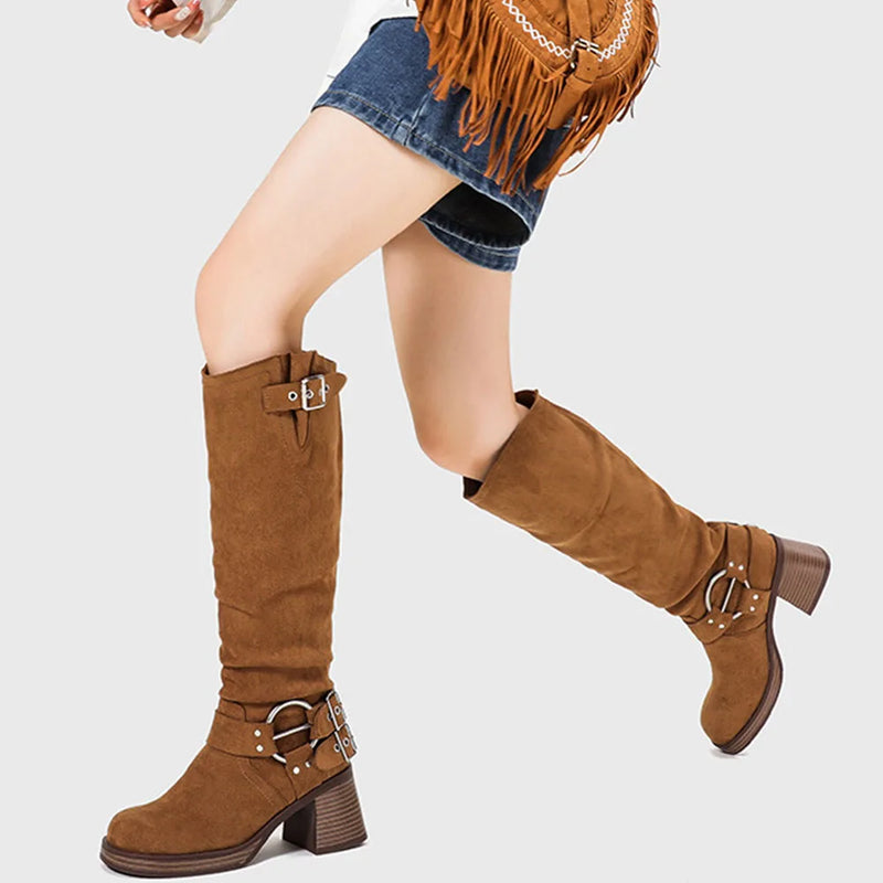 Wasteland Style Motorcycle Boots Suede Knee High Boots Women Block High Heels Boot Shoes