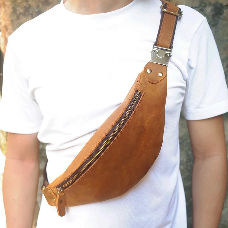 Leather Men's Chest Bag Sling Shoulder Chest Pack Case Pouch Small Men Belt Waist Bag