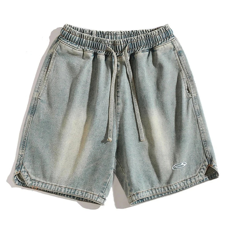 Men Blue Denim Shorts Summer Black Loose Casual Jeans Shorts Embroidery Shorts