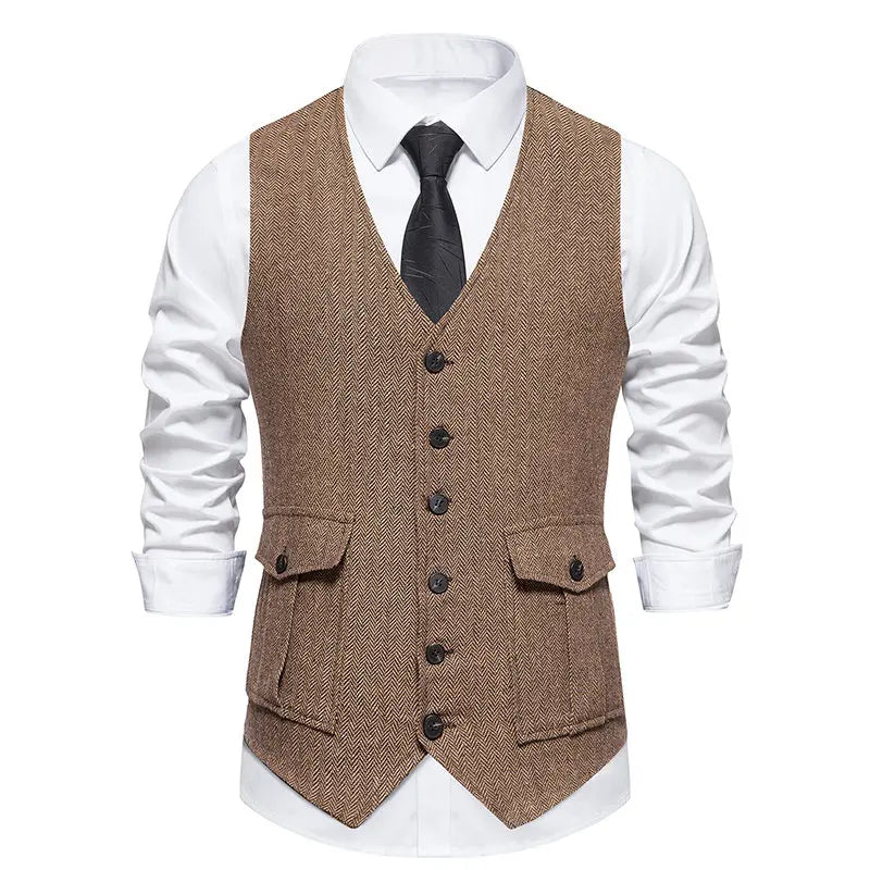 Double Pocket Suit Vest for Men Waistcoat Business Formal Sleeve Jacket