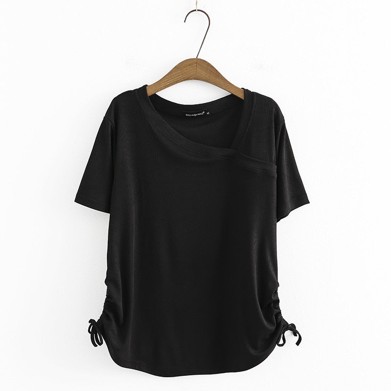 Summer Basic T-Shirt Women Skew Collar Tees Short Sleeve Drawstring On Both Sides Tops Curve Clothes