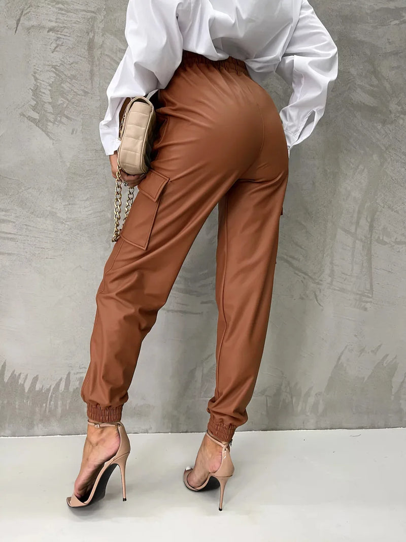 Women Autumn and Winter Pocket Leather Pants Straight-Leg Pants Ankle-Tied Elastic Waist