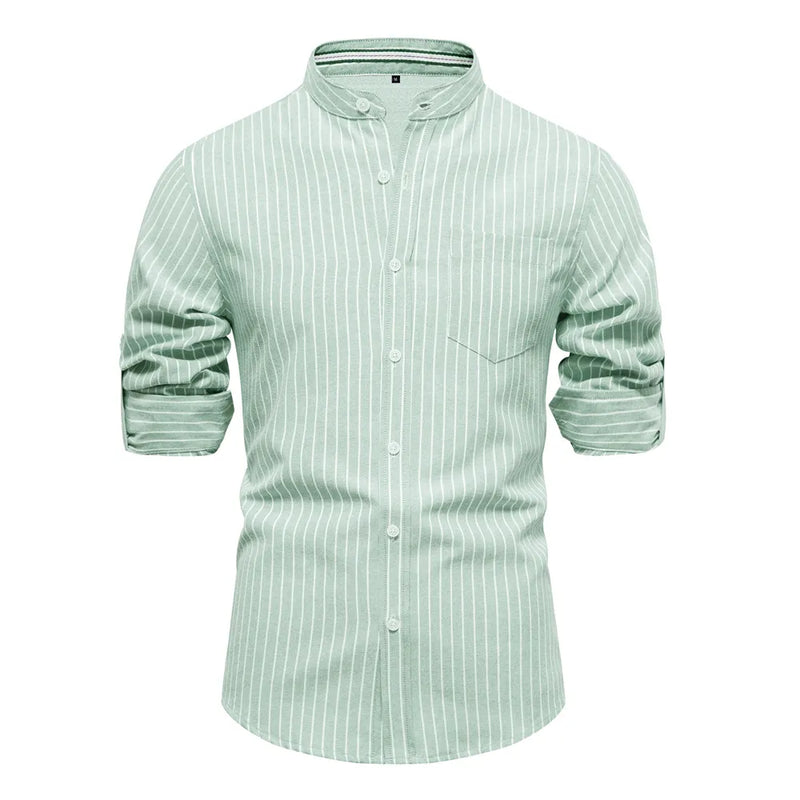 Striped Men's Shirts Single Pocket Stand Collar Long-sleeved Shirts for Men Spring Shirts