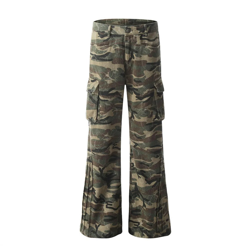 Pleated Camouflage Cargo Flare Pants Men Retro Safari Wide leg Pocket Trousers Men