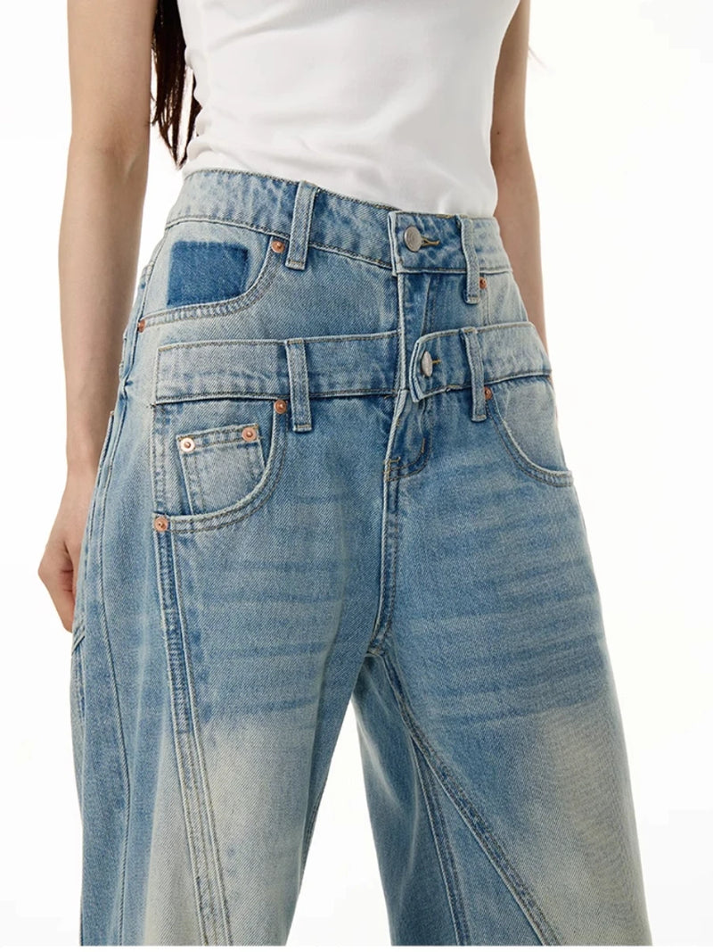 Patchwork Denim Trousers for Women Double Waist Spliced Metal Buttons American Retro Spring Pants Female