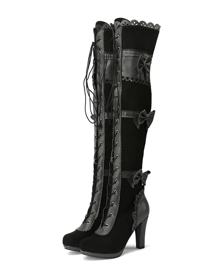 Boots For Women Lace Up High Heel Mid Calf Boots Narrow Gothic Shoes Winter