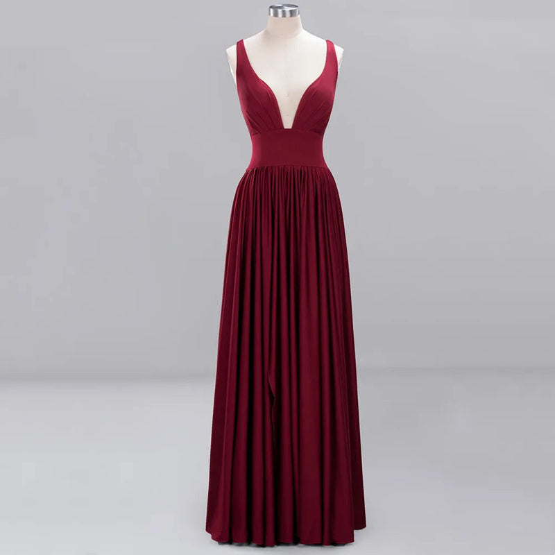 Women Open V Neck Pleated Maxi Dress Elastic Waist Party Dresses Champagne Navy