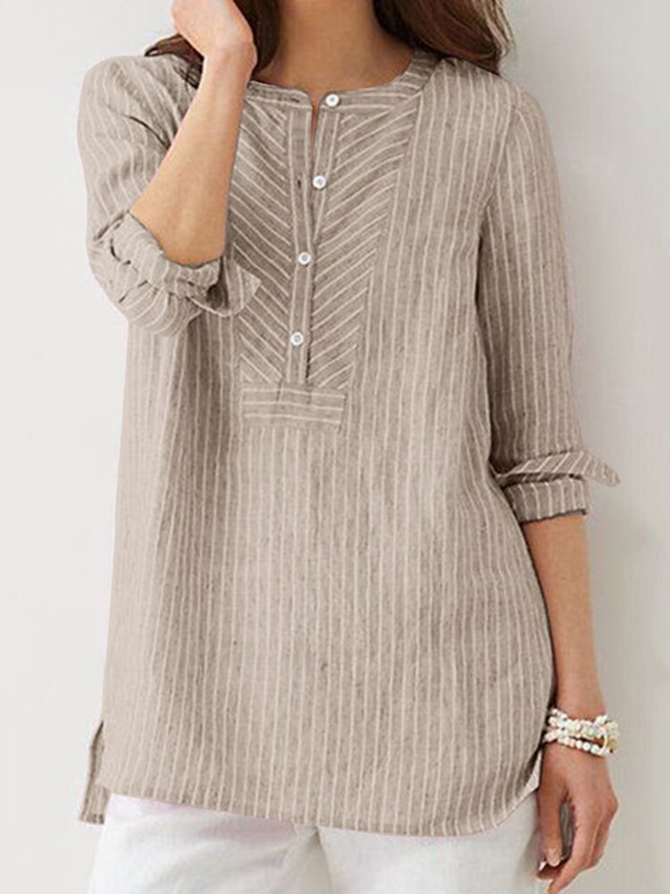 Women Shirts Summer Striped Blouses Long Sleeve O Neck Casual Loose Chemise Tunic Tops Oversize