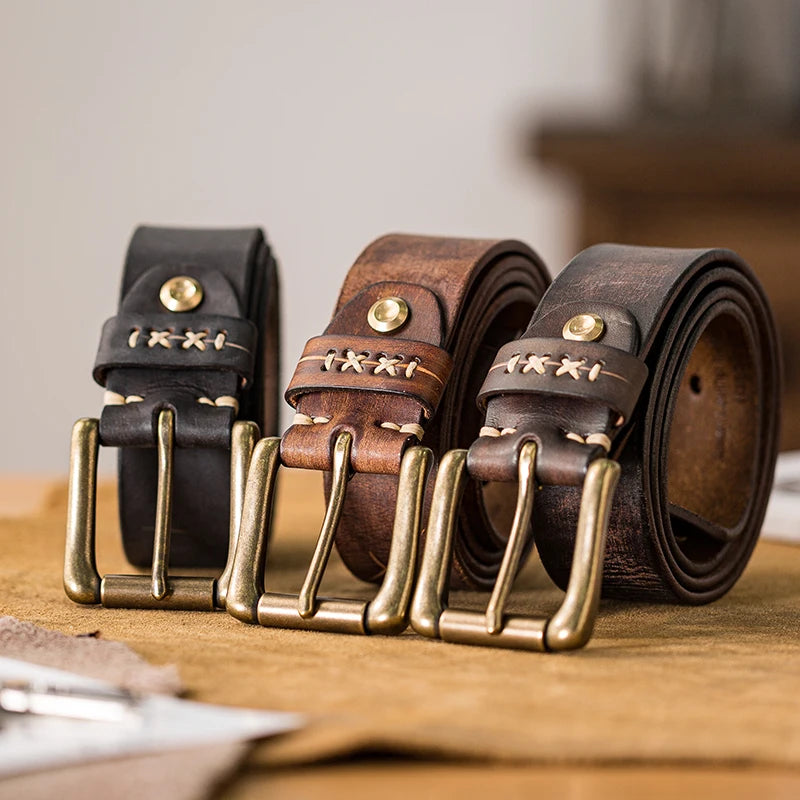 Men Leather Belt Distressed Buckle Single Prong Western Belts