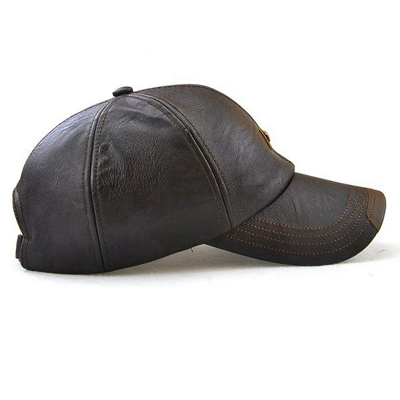 Leather Baseball Cap Hip Hop Casual Cap Men Adjustable Cap Dark Brown