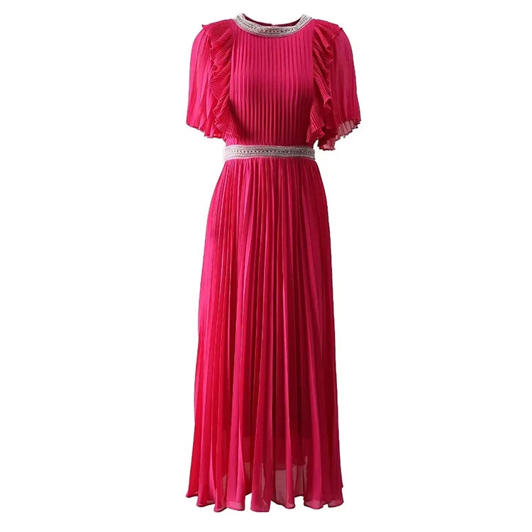 Spring Summer Women's Pleated Dress Flare Sleeved Beading Flounced Edge Dresses