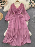 Women Lantern Sleeve Pleated Dresses Spring Autumn Retro Pleated A-line Long Dress Ladies Elegant Party Dress