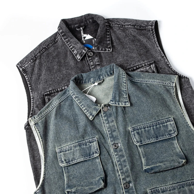 Denim Vest Men Spring Autumn Retro Waistcoat Casual Lapel Top Couple  Vest Jacket