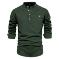 Men Linen Shirt Casual Solid Breathable Top Embroidered Standing Neck Slim Fit Shirt